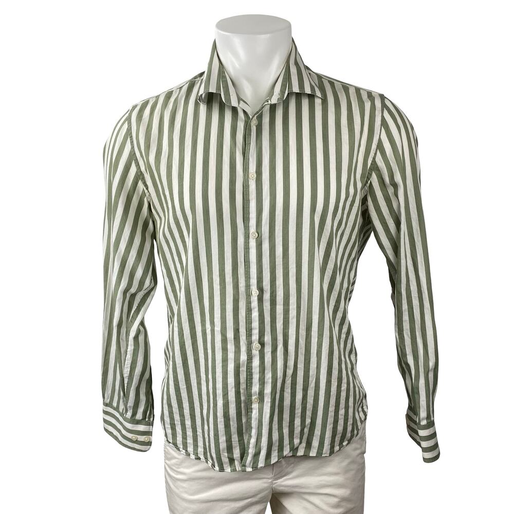MNG Mango Men's Green Striped Slim Fit Long Sleeve Button Down Shirt Top Size M
